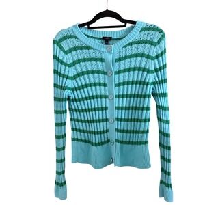 Talbots Womens Striped Pointelle Cardigan Sweater Blue Green Knit Button Front M